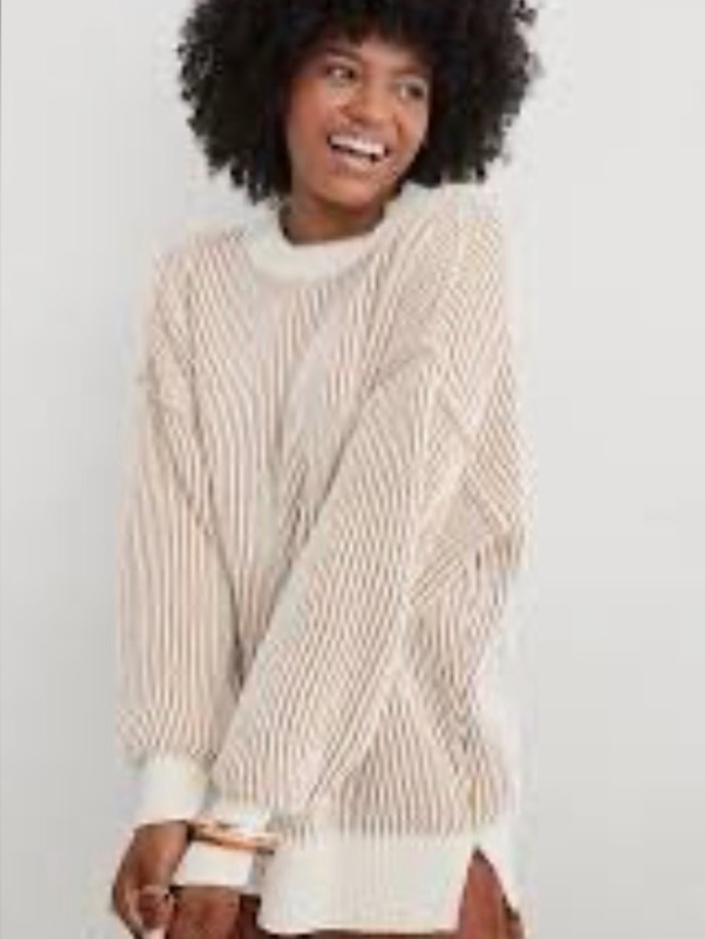 aerie Two-Tone Cream and Tan Ribbed Crewneck Sweater